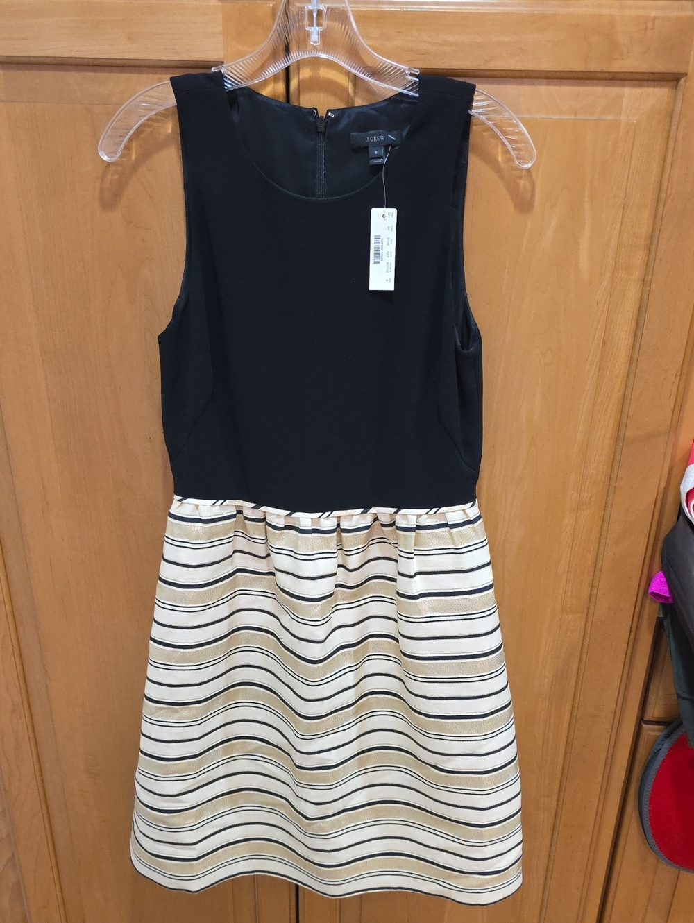 Womens NWT J. Crew Black & Cream & Gold Striped Waistband Dress - Classic Fit